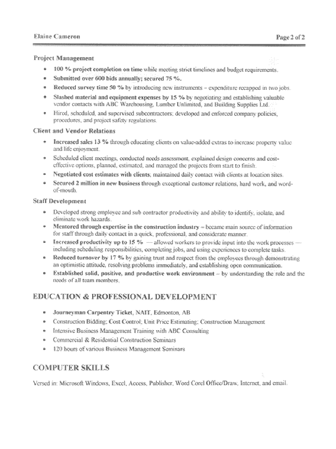 Resume for a construction manager