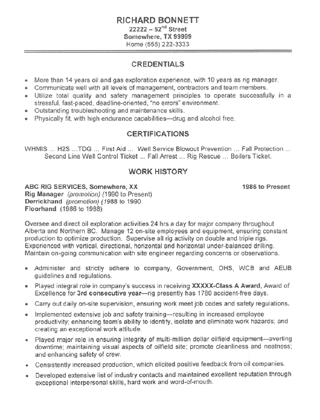 Oil Rig Manager Resume Sample All Trades Resume Writing Service